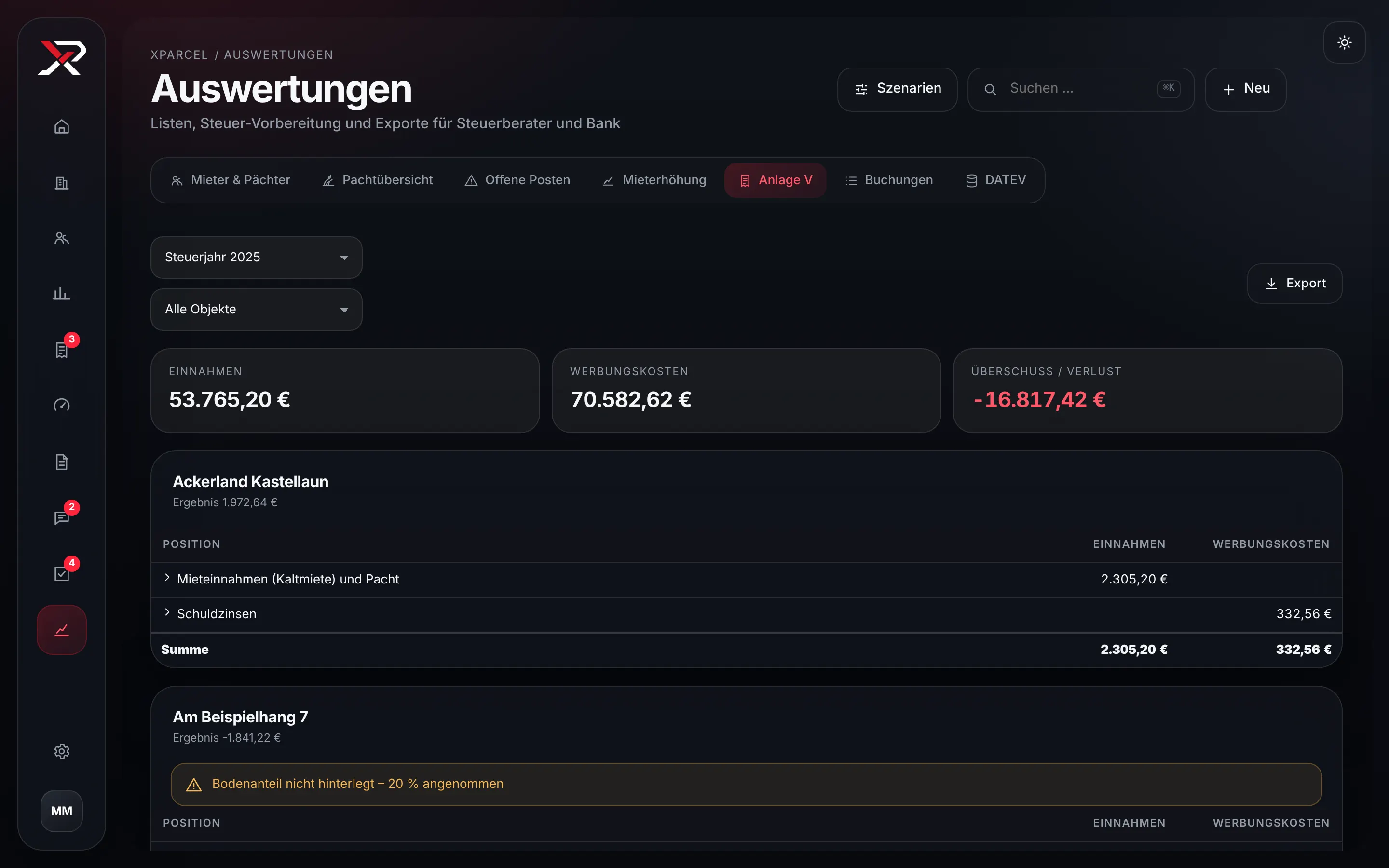 Auswertung Anlage V für das Steuerjahr mit Einnahmen, Werbungskosten und Ergebnis je Objekt, bereit zum Export.