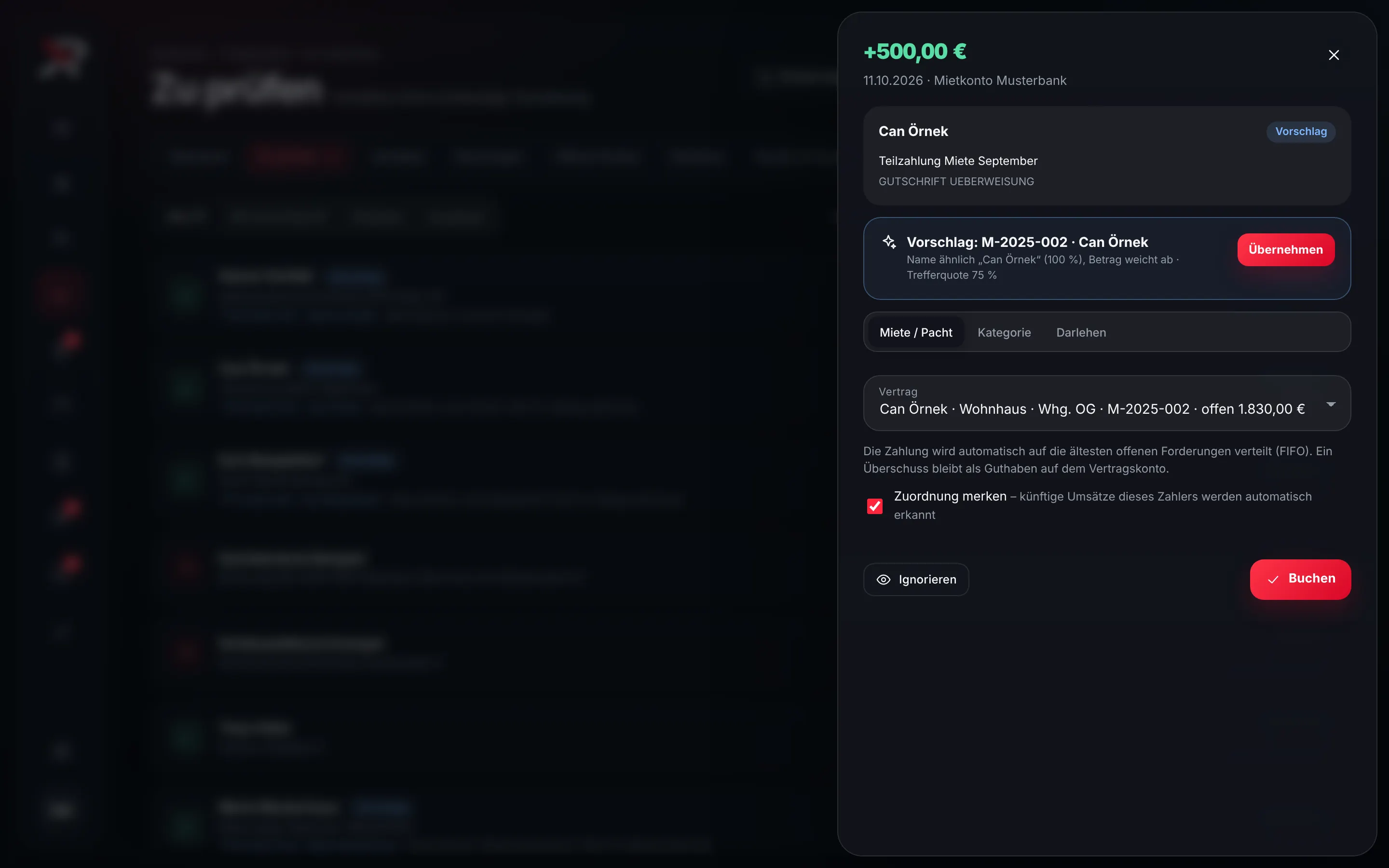 Prüf-Inbox für Kontobewegungen: Eine Teilzahlung ist geöffnet, XPARCEL schlägt den passenden Mietvertrag mit Trefferquote vor.