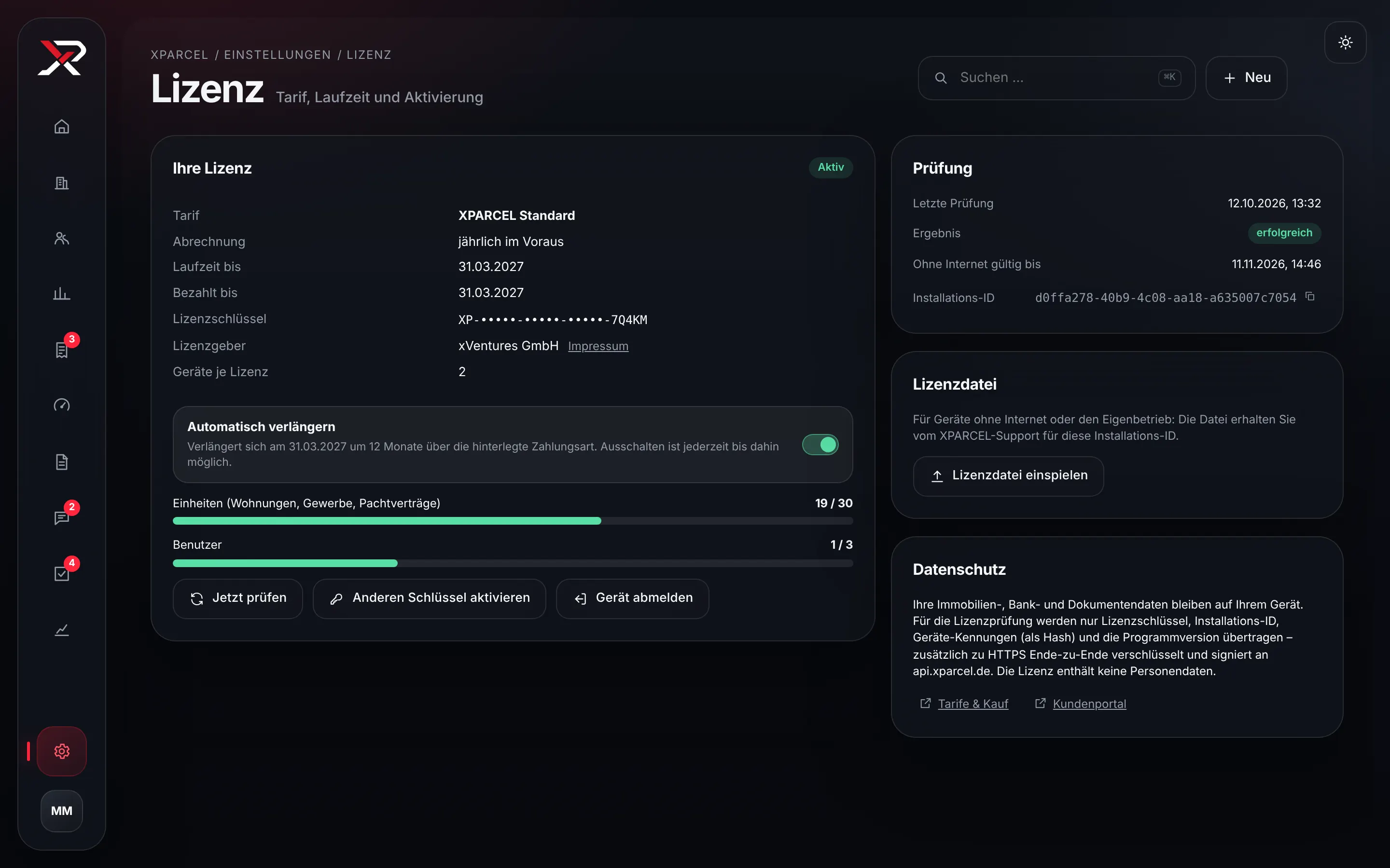Lizenzseite mit aktivem Tarif Standard, Laufzeit, automatischer Verlängerung, Nutzung von Einheiten und Benutzern sowie Datenschutzhinweis.