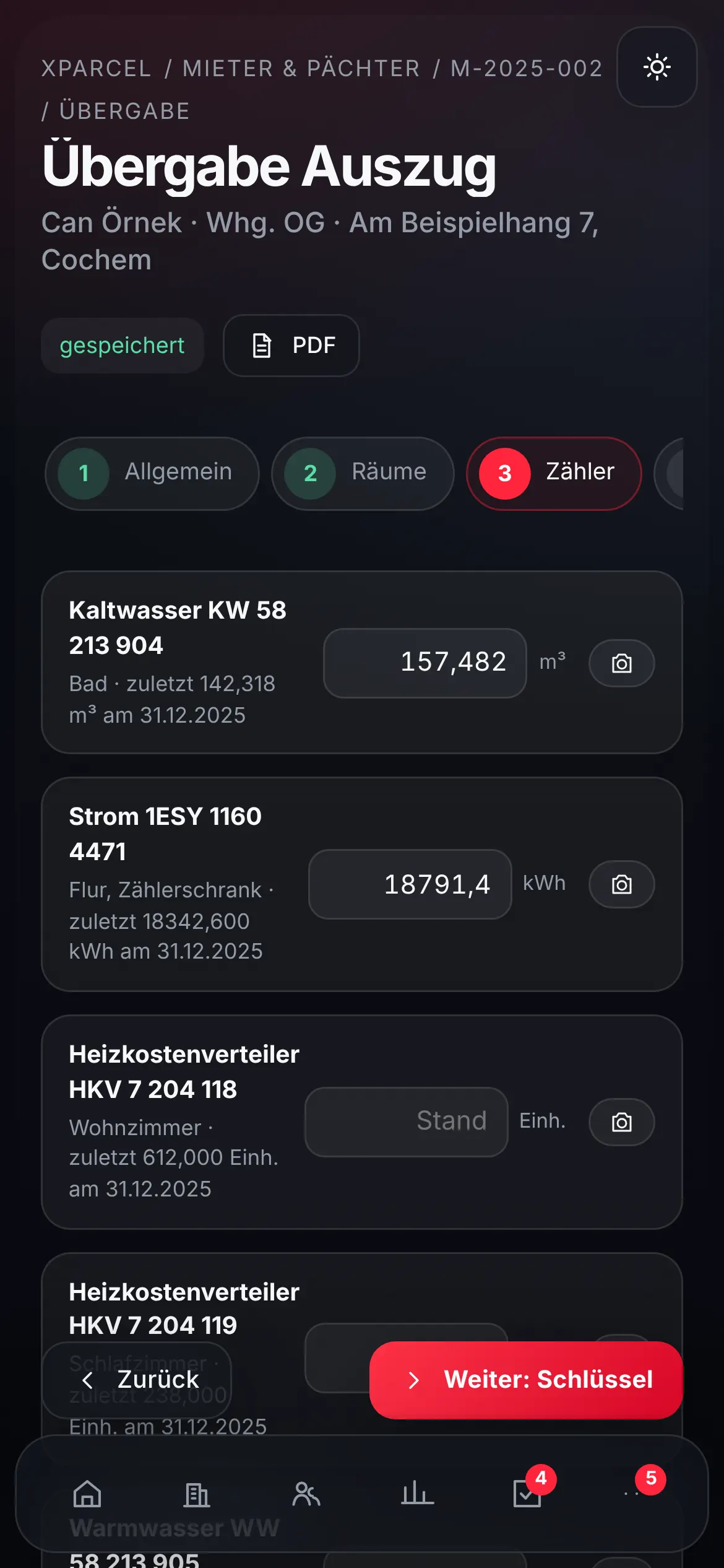 Zählerstände bei der Wohnungsübergabe am Smartphone eintragen: Kaltwasser und Strom mit letztem Stand, je Zähler mit Kamera-Knopf für ein Foto als Nachweis.