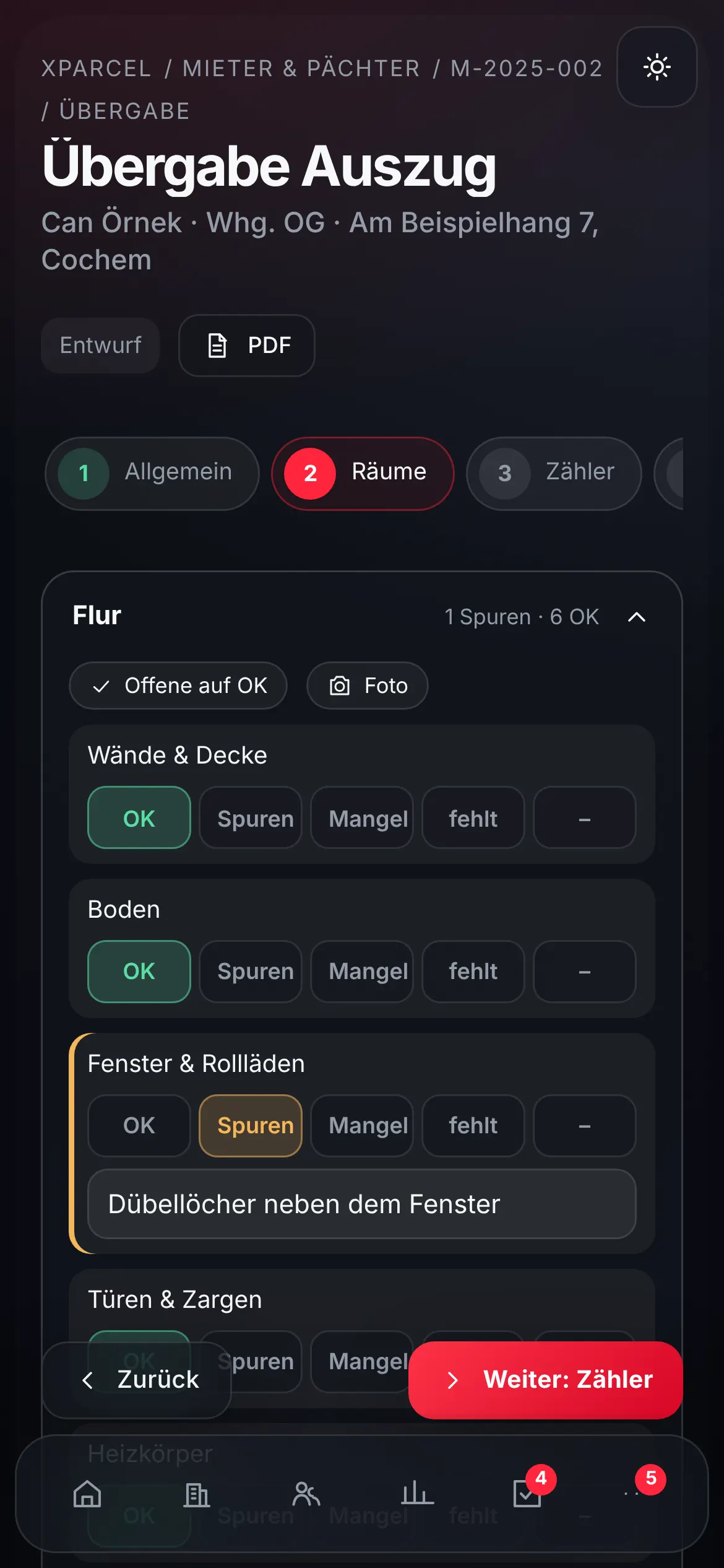 Übergabeprotokoll beim Auszug auf dem Smartphone: Raum für Raum Zustand erfassen, mit Notiz zu Gebrauchsspuren.